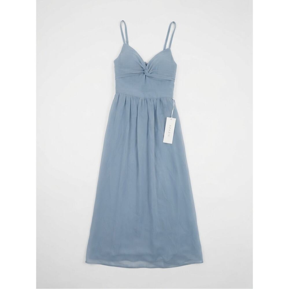 NEW Azazie Zeya Bridesmaid Dress S Dusty Blue Twist Tie Bust Chiffon Style